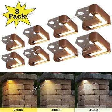 ELC02 8-Pack 3W LED Hardscape Lighting Right Angle 3CCT Retaining Wall Lights, 12V Low Voltage Landscape Lights